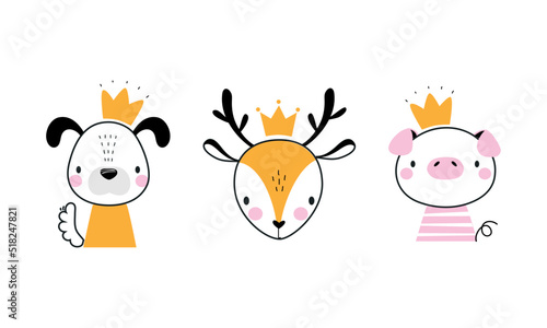 Head cute funny animals with golden crowns set. Deer, piglet and puppy little princess hand drawn vector illustration