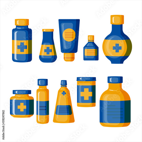 Medical bottle with label. Flat vector illustration.
