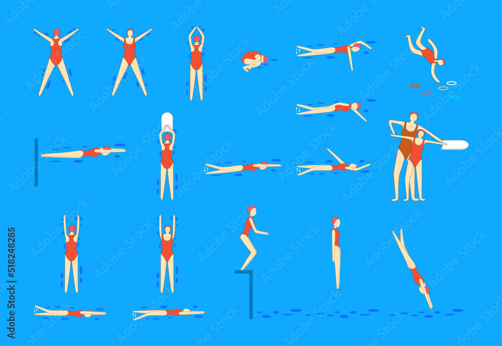 Vector characters swimmers in action poses. Young girl show various swimming postures. Set or collection. Swimming pool. Learn to swim. Sport. Vector characters swimmers in action poses. Young girl show various swimming postures. Set or collection. Swimming pool. Learn to swim. Sport.