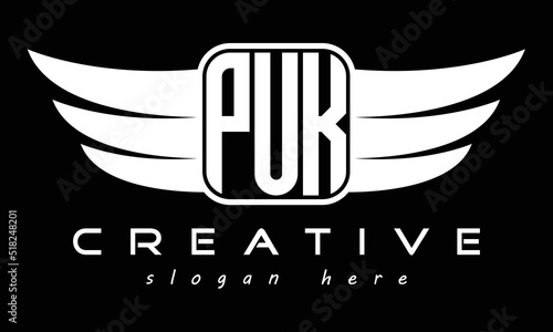 PUK three Letter wing minimalist creative concept icon eagle symbol professional logo design, Vector template