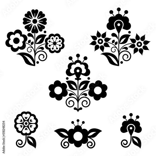 Mexican folk art style vector floral design elements, retro collection inspired by traditional embroidery in black and white
 