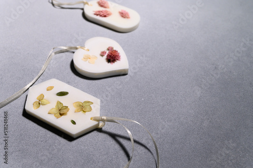Group of Florentine Sachets with Dried Flowers close up. Subject Shooting of Handmade Products.