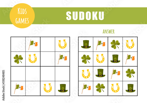Sudoku for kids. Children activity sheet. Puzzle game with St. Patrick day elements. Education and leisure concept. Vector illustration in flat cartoon style.