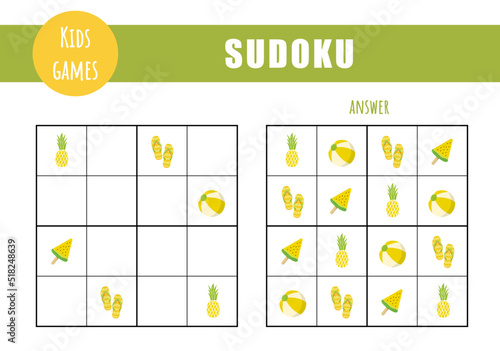 Sudoku for kids. Children activity sheet. Puzzle game with summer elements. Education and leisure concept. Vector illustration in flat cartoon style.