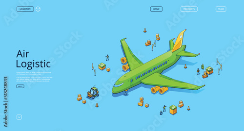 Air logistics isometric landing page. Airplane transport global delivery company service, cargo import export by plane, aircraft goods world transportation business, 3d vector line art web banner