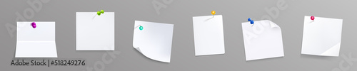Paper notes with pins, white stickers or notepad pages with curled corners and pushpins. Empty blanks for messages. Isolated office stationery for memo board, Realistic 3d vector illustration, mock up