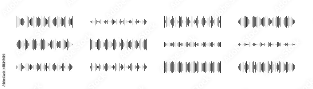 Podcast sound waves set. Waveform pattern for music player, podcast, voise message, music app. Audio wave icon. Equalizer template. Vector illustration isolated on white background. - obrazy, fototapety, plakaty 