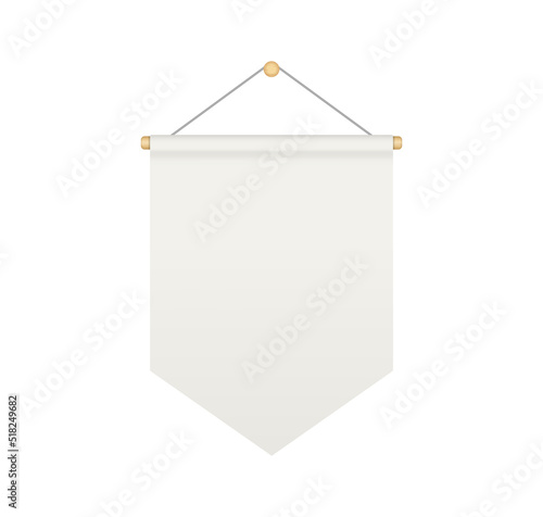 Empty white bunting pennant. Hanging realistic pennant or flag with rope. Bunting medieval flag mock up. Blank realistic template. Vector illustration isolated on white background.