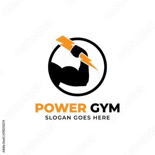 Power gym fitness center logo design badge vector with biceps holding lightning, best for gym training logo brand