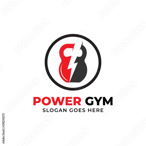 Power gym fitness center logo design badge vector with kettle bell and lighting vector illustration , best for gym training logo brand