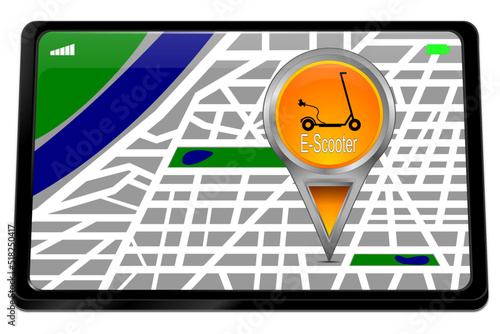 Tablet computer with E-Scooter Map Pointer - 3D illustration