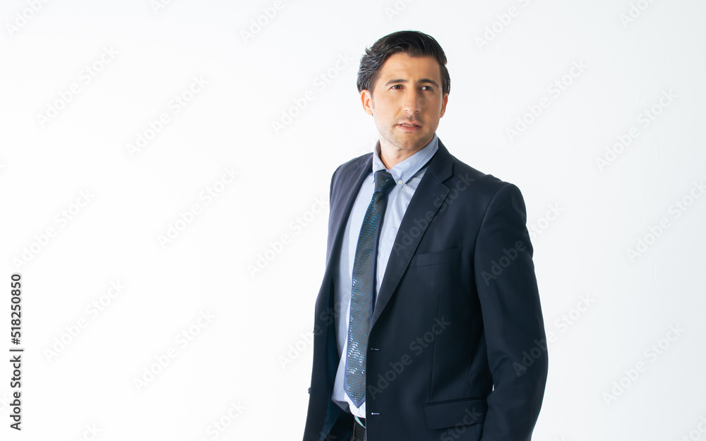 Portrait handsome smart Caucasian male businessman wearing formal suit, posing with success and confidence, standing on isolated white background cutout. Portrait handsome smart Caucasian male businessman wearing formal suit, posing with success and confidence, standing on isolated white background cutout.