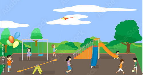 children playing in nature, bouncing ball, balloon and kite kite and rope skipping