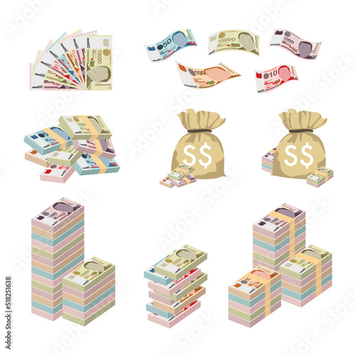 Singaporean Dollar Vector Illustration. Huge packs of Singapore, Brunei money set bundle banknotes. Bundle with cash bills. Deposit, wealth,  inheritance. Falling money 10, 50, 100, 1000, 10000 SGD