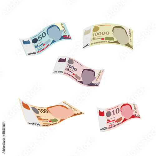 Singaporean Dollar Vector Illustration. Singapore, Brunei money set bundle banknotes. Falling, flying money 10, 50, 100, 1000, 10000 SGD. Flat style. Isolated on white background. Simple design.