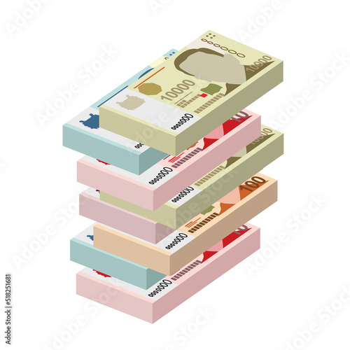 Singaporean Dollar Vector Illustration. Singapore, Brunei money set bundle banknotes. Paper money 10, 50, 100, 1000, 10000 SGD. Flat style. Isolated on white background. Simple minimal design.