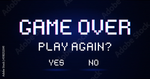 Game over. Inscription asking person play again with answer options yes or no. Modern trendy games screen with lighting effect. Art design for game, life bar, gaming controller. Vector illustration