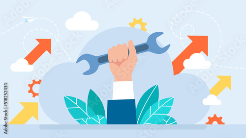 Wrench in hand. Man's hand holds a spanner. Close up. Repairs, maintenance, construction concept. Technical service, repairs, customer support, mechanical processes. Flat design. Vector illustration