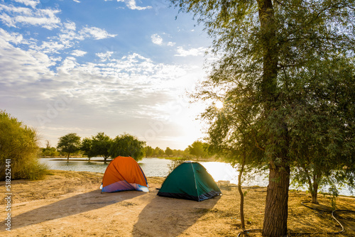 Camping tent in forest near a lake. A view from Al Qudra lake Dubai United Arab Emirates. photo