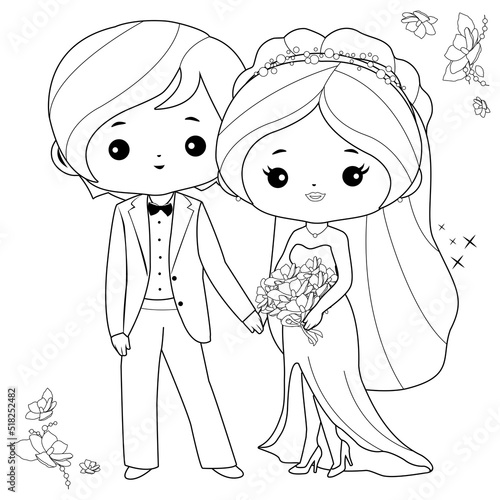 Bride and groom. Vector black and white coloring page