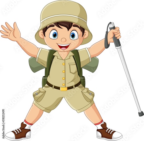 Cartoon hiker boy with walking stick