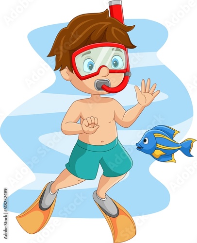 Cartoon little boy in underwater with fish