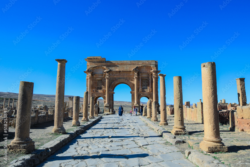 View to the Ruins of an Ancient Roman city Timgad also known as Marciana Traiana Thamugadi in the Aures Mountains, Algeria