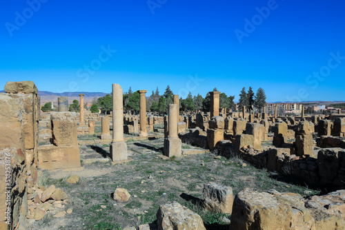 View to the Ruins of an Ancient Roman city Timgad also known as Marciana Traiana Thamugadi in the Aures Mountains, Algeria