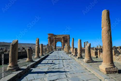 View to the Ruins of an Ancient Roman city Timgad also known as Marciana Traiana Thamugadi in the Aures Mountains, Algeria photo