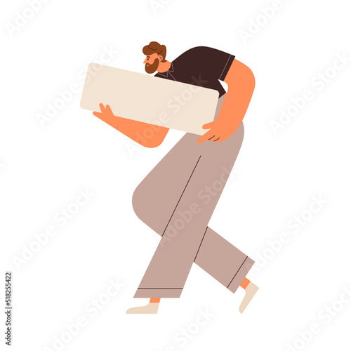 Man holding blank paper board for ad message. Person carrying empty promotion...