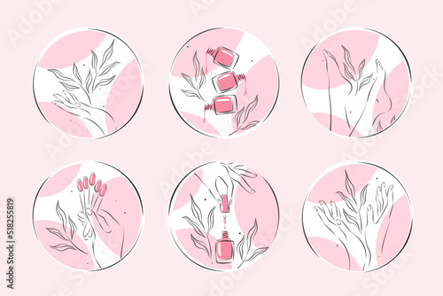 Set of icons for nail studio or salon. Nail polish, nail brush, manicured female hands and legs. Vector illustrations