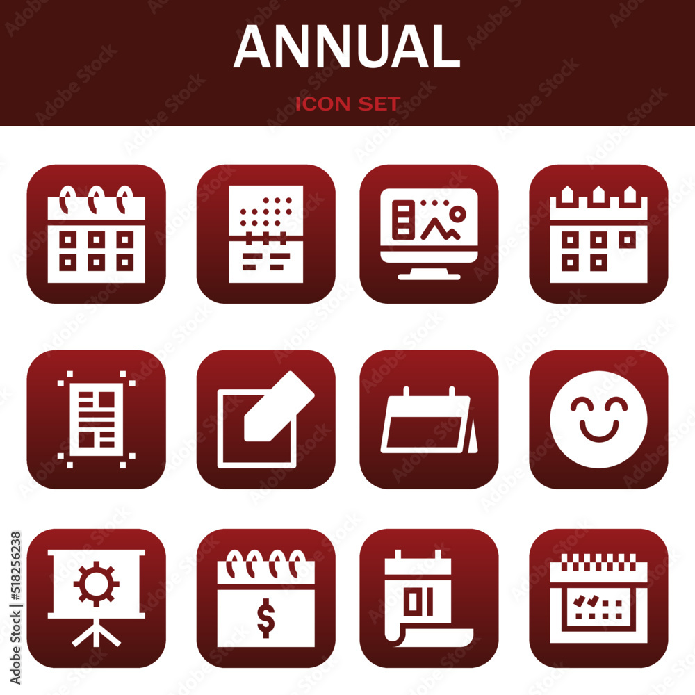annual icon set. Vector illustrations related with Calendar, Calendar and Design annual icon set. Vector illustrations related with Calendar, Calendar and Design