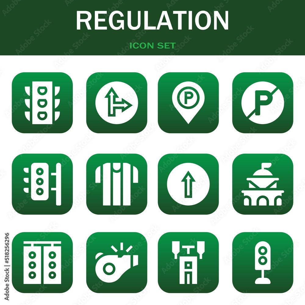 regulation icon set. Vector illustrations related with Traffic light, Traffic signal and Parking sign regulation icon set. Vector illustrations related with Traffic light, Traffic signal and Parking sign