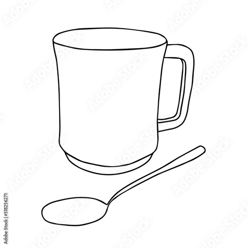 Black and white hand drawing outline vector illustration of a transparent empty glass cup and a spoon
