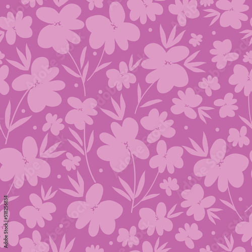 Simple vintage pattern. light pink  flowers   leaves and dots. dark pink background. Fashionable print for textiles and wallpaper.