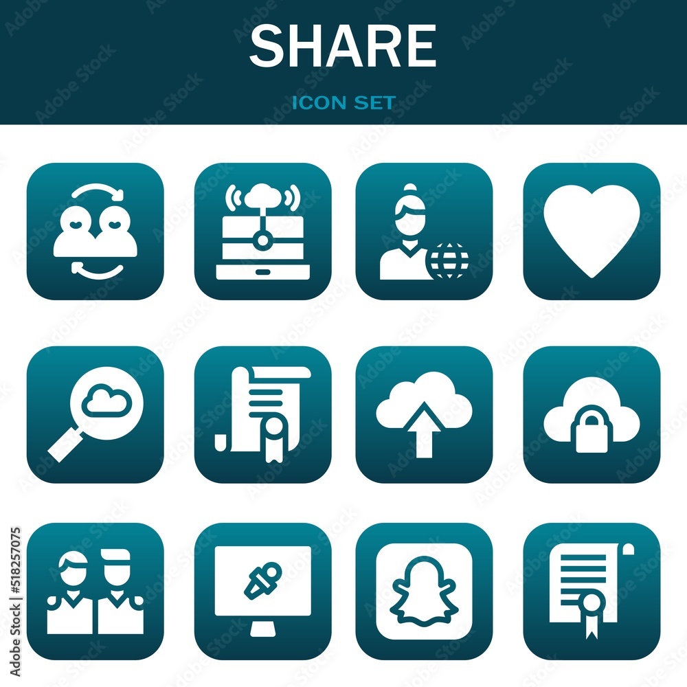 share icon set. Vector illustrations related with Friends, Cloud computing and News reporter