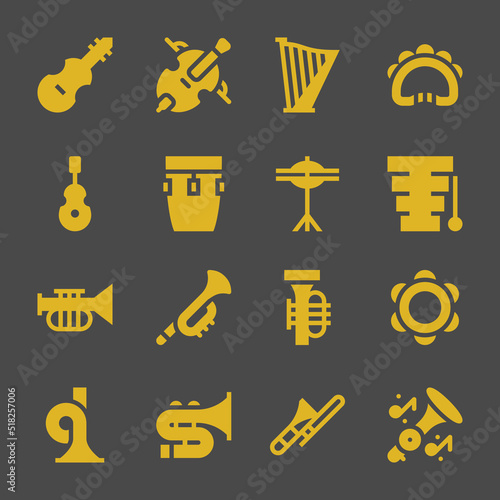 orchestra web icons. Fiddle and Cello, Tambourine and Xylophone symbol, vector signs