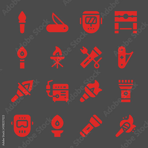 torch web icons. Torch and Jackknife, Pillory and Jackknife symbol, vector signs