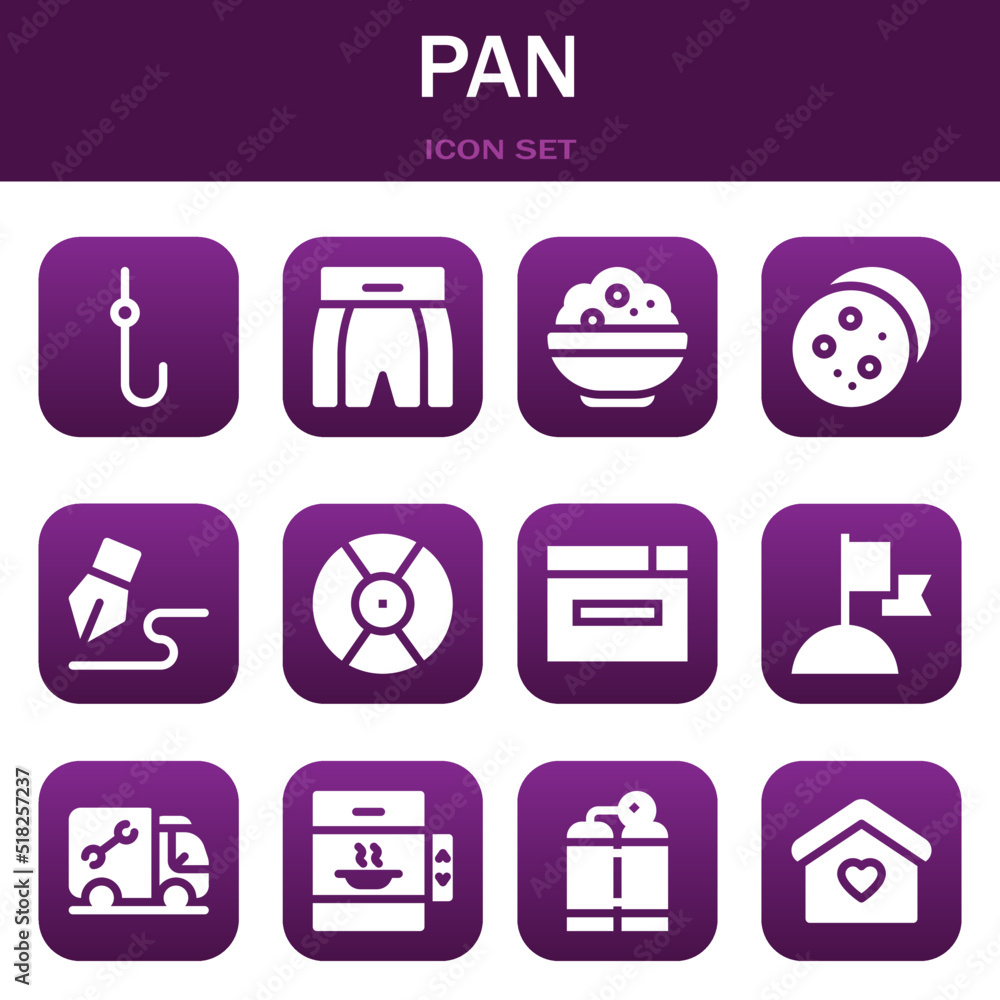 pan icon set. Vector illustrations related with Hook, Boxing shorts and Rice pan icon set. Vector illustrations related with Hook, Boxing shorts and Rice