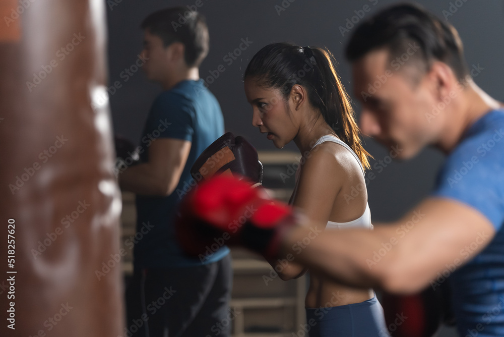 Group of active multiethnic athlete workout boxing at gym or stadium. Active sportsman and woman team wear boxing gloves doing exercise by hitting a punching bag maintain muscle for health in fitness Group of active multiethnic athlete workout boxing at gym or stadium. Active sportsman and woman team wear boxing gloves doing exercise by hitting a punching bag maintain muscle for health in fitness
