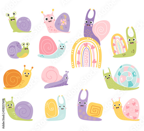 Collection of cute snails. Funny insects. Decorative snail characters on rainbow with hearts and flowers. Vector illustration. Isolated elements for design, decor and print and decoration.