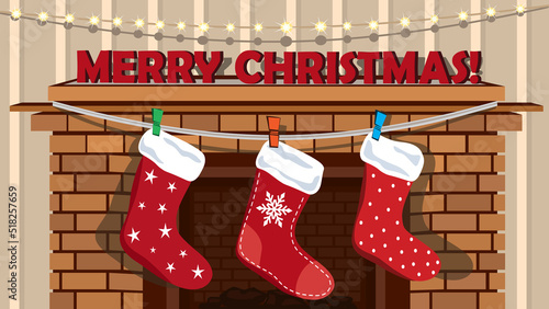 Fireplace with Christmas stockings and decorative letters, flat vector design, Christmas card, poster, illustration.
