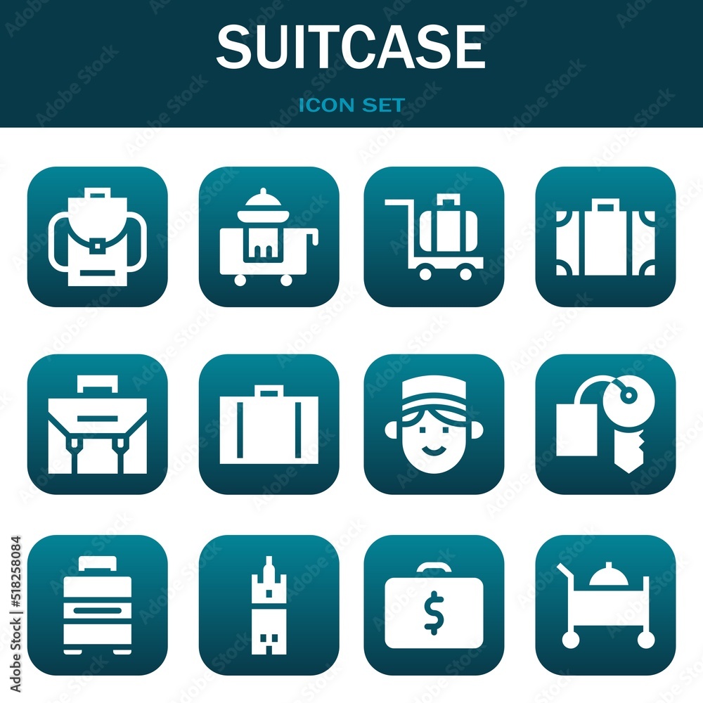 suitcase icon set. Vector illustrations related with Backpack, Room service and Luggage suitcase icon set. Vector illustrations related with Backpack, Room service and Luggage
