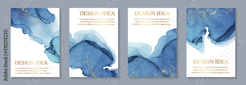 Modern watercolor background or elegant card design for birthday invite or wedding or menu with abstract blue ink waves and golden splashes.