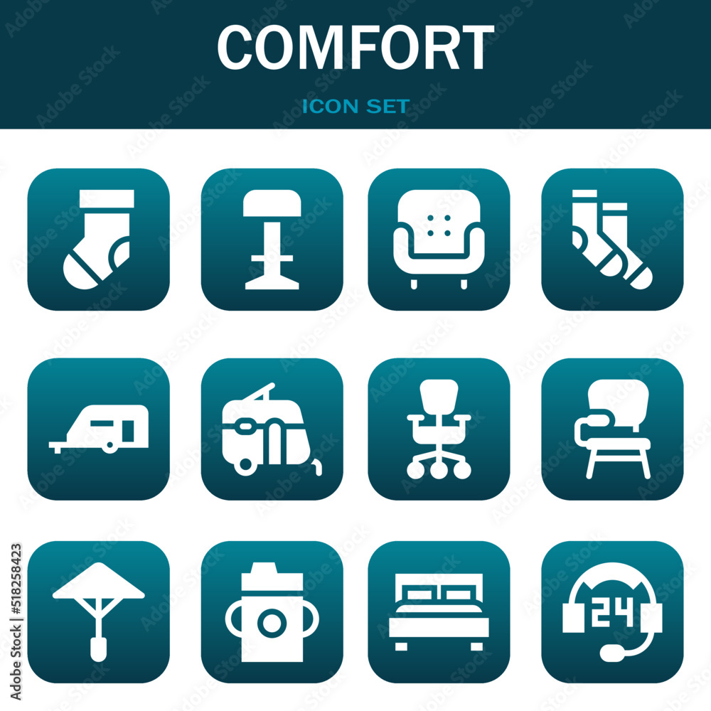 comfort icon set. Vector illustrations related with Sock, Stool and Armchair comfort icon set. Vector illustrations related with Sock, Stool and Armchair