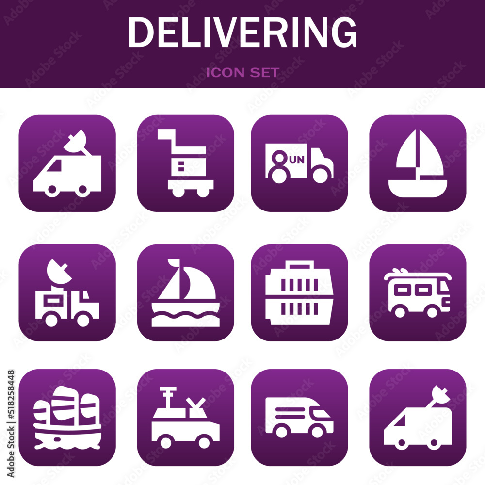 delivering icon set. Vector illustrations related with Van, Carrier and Van delivering icon set. Vector illustrations related with Van, Carrier and Van