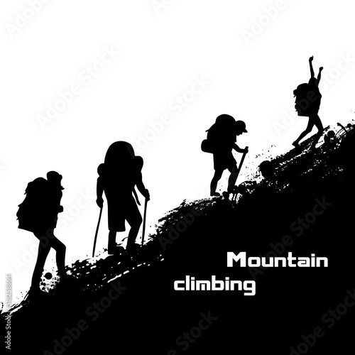Climbing the mountain by tourists. Achieving success. Vector illustration