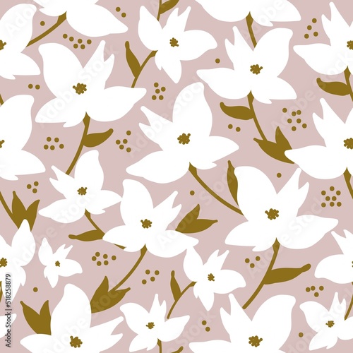 Simple vintage pattern. white  flowers, gold leaves. pink  background. Fashionable print for textiles and wallpaper. © Алена Шенбель