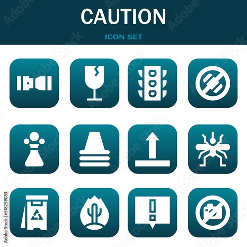 caution icon set. Vector illustrations related with Seat belt, Fragile and Traffic light
