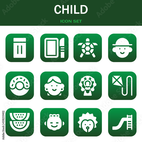 child icon set. Vector illustrations related with Inflatable, Dissection and Turtle